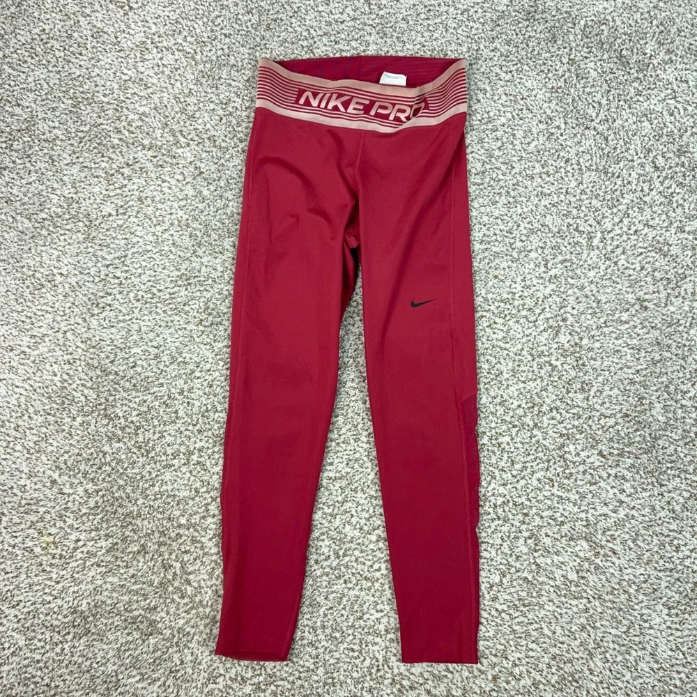 Nike Pro Leggings Women Small Red Gym Training Dri-FIT Mesh 7/8 Tights Pants Gym